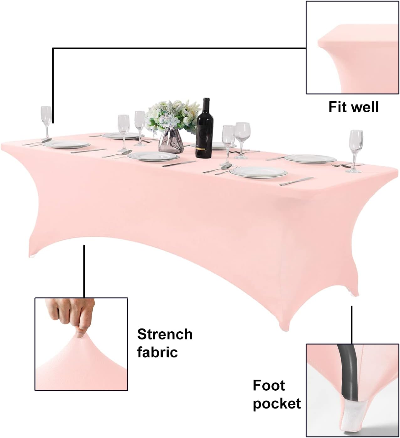 FORLIFE Spandex Table Covers，Fitted Tablecloth for Rectangular Tables, Stretch Patio Table Covers, Universal Spandex Table Cover for Wedding, Banquet, Party (8ft, Blush Pink)