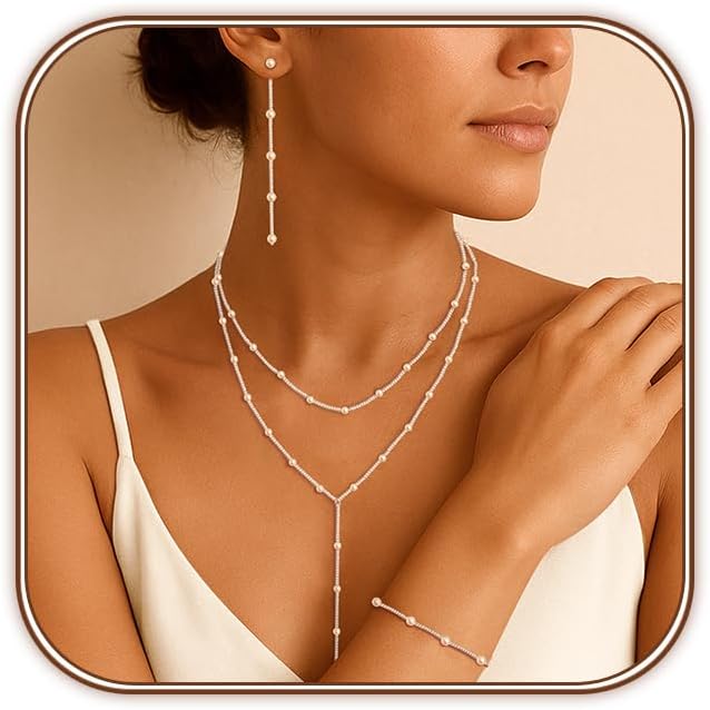 Gold Jewelry Set for Women - Dainty 14K Gold Plated Pearl Necklace and Earring Set with Drop Earrings, Bracelets, Choker Necklace - Wedding Jewelry Gift