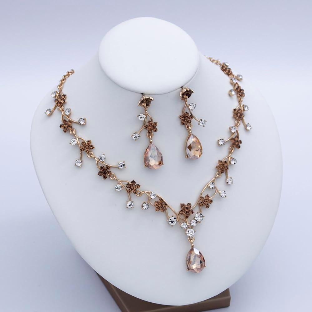Jewelry Sets for Women Wedding Flower Necklace and Dangle Earrings Gold-Plated Rhinestones Teardrop Pendants Necklace Set for Bridal Party Accessories