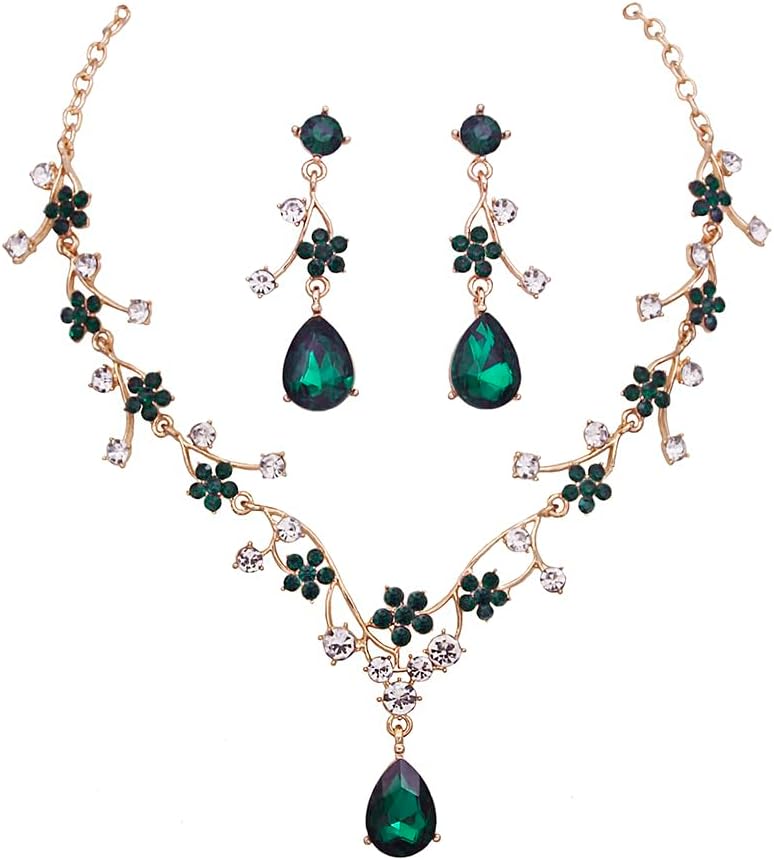 Jewelry Sets for Women Wedding Flower Necklace and Dangle Earrings Gold-Plated Rhinestones Teardrop Pendants Necklace Set for Bridal Party Accessories