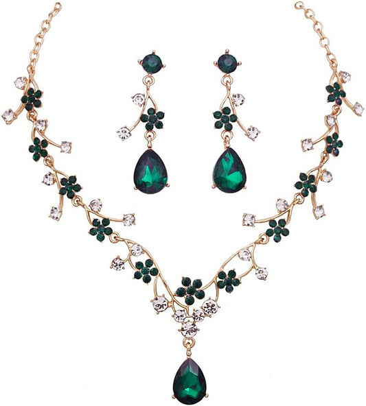 Jewelry Sets for Women Wedding Flower Necklace and Dangle Earrings Gold-Plated Rhinestones Teardrop Pendants Necklace Set for Bridal Party Accessories