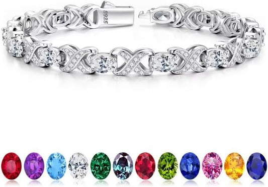 Iefil Oval Birthstone Bracelets for Women, Sterling Silver Tennis Bracelets Unique X O Design Fine Jewelry Christmas Gifts Anniversary Birthday Gifts for Her Birthstone Jewelry for Wife Mom Grandma