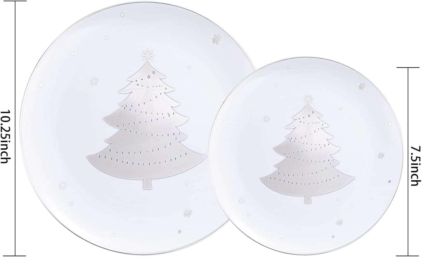 WDF 50 Pieces Silver Plastic Plates - Christmas Plastic Plates with Christmas Tree - Heavy Duty White and Silver Disposable Plates for Christmas