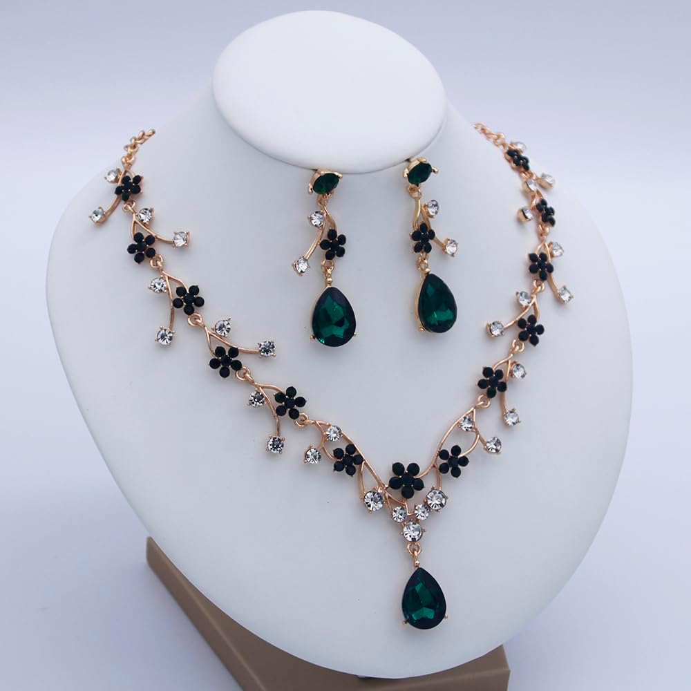 Jewelry Sets for Women Wedding Flower Necklace and Dangle Earrings Gold-Plated Rhinestones Teardrop Pendants Necklace Set for Bridal Party Accessories