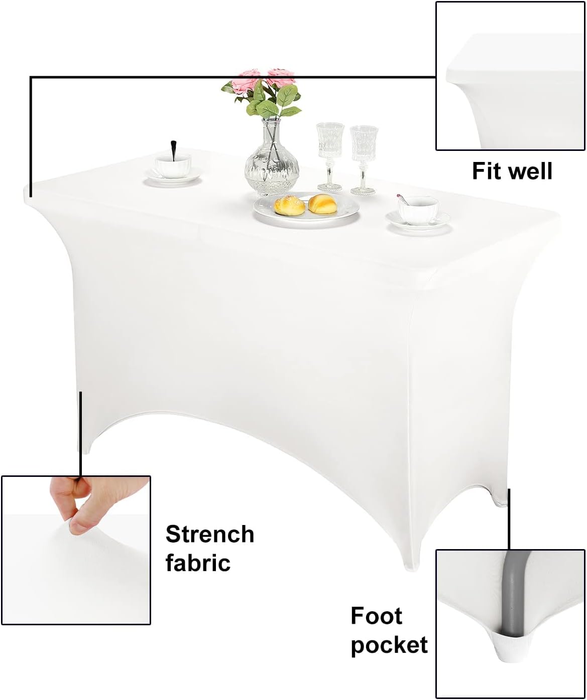 FORLIFE Spandex Table Covers - Fitted 4ft Rectangular Tablecloths, Patio Table Covers, Universal for Wedding, Banquet, Party (White)