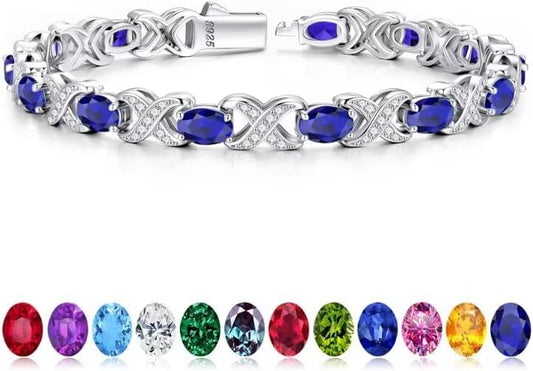 Iefil Oval Birthstone Bracelets for Women, Sterling Silver Tennis Bracelets Unique X O Design Fine Jewelry Christmas Gifts Anniversary Birthday Gifts for Her Birthstone Jewelry for Wife Mom Grandma