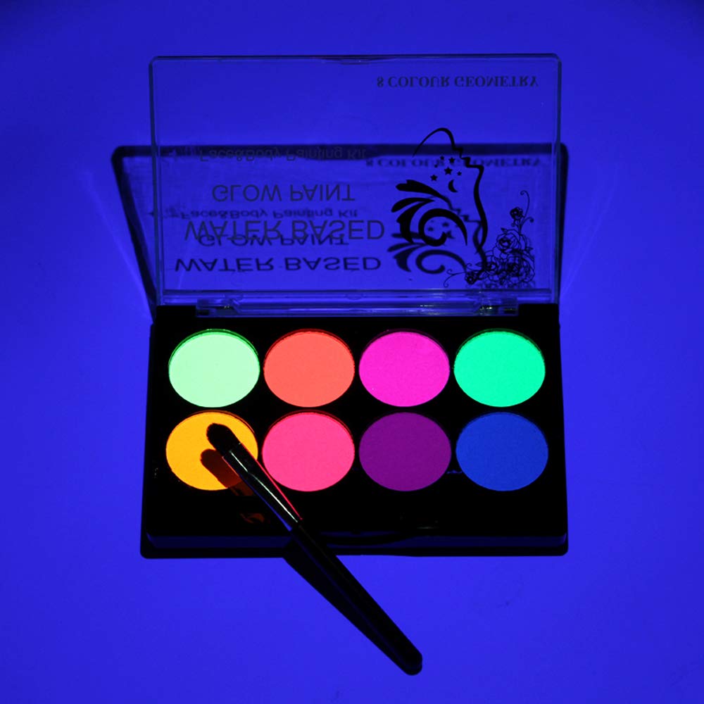 UV Face Paint Kit, Glow In The Dark Paint, Neon Fluorescent Body Painting 8 Colors Professional Brush,Water Based Black Lights Makeup for Kids Adults,Halloween Party Supplies,Projects Costumes Theater