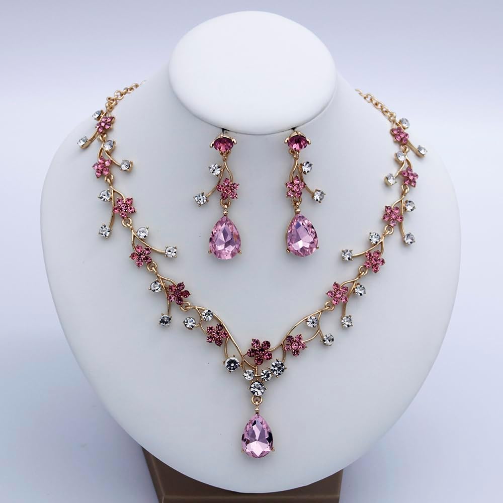 Jewelry Sets for Women Wedding Flower Necklace and Dangle Earrings Gold-Plated Rhinestones Teardrop Pendants Necklace Set for Bridal Party Accessories