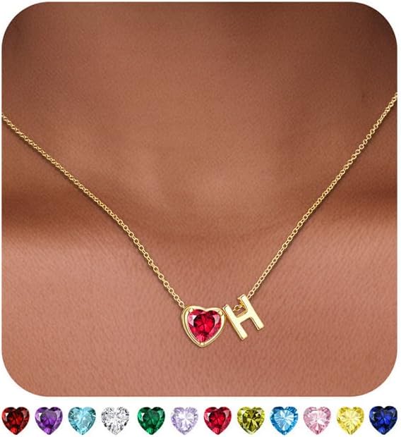 Heart Birthstone Initial Necklace for Women Girls,14K Gold Plated Heart Letter A-Z Necklace Dainty Birthday Trendy Jewelry Gifts for Women Girls Daughter