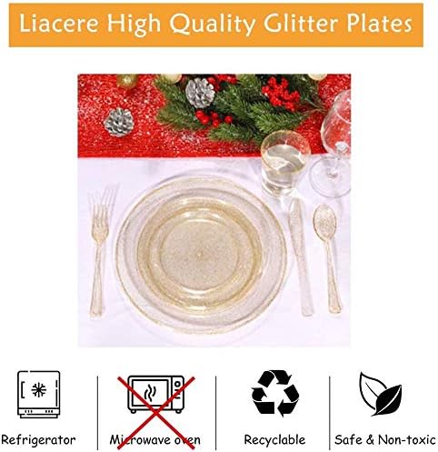 Liacere 100Pieces Gold Plastic Plates-Disposable Gold Glitter Plates-10.25inch Premium Plastic Dinner Plates for Wedding & Parties & Thanksgiving