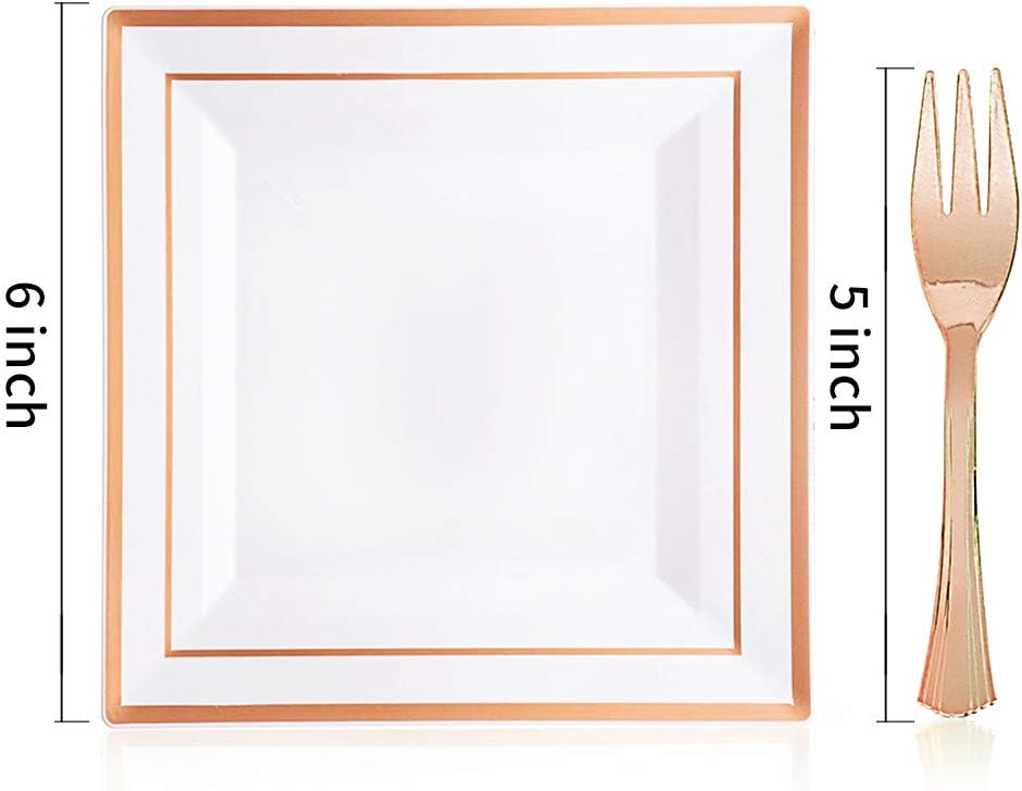 WDF 86pcs Rose Gold Dessert Plates 6" with 86 Pieces Disposable Forks 5", Elegant Square Appetizer Small Plastic Plates for Mother's Day, Wedding