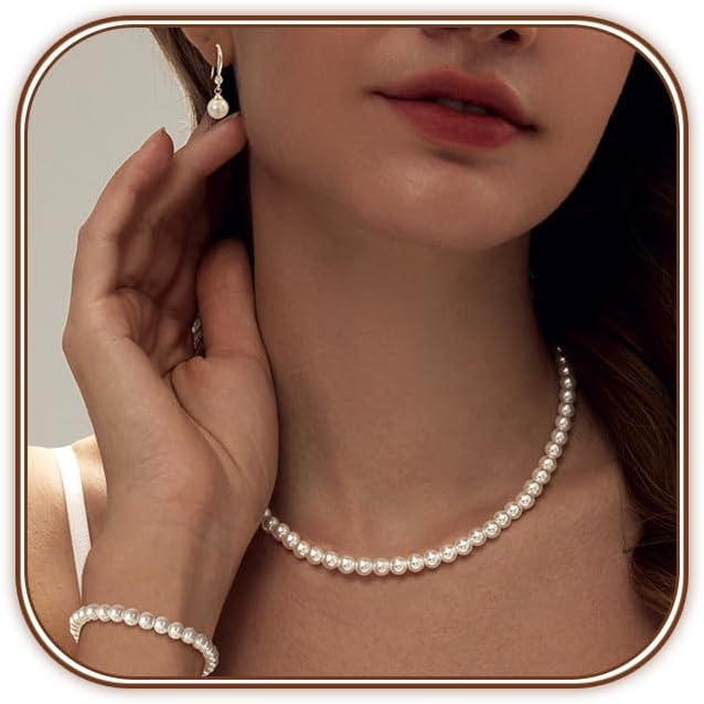 Gold Jewelry Set for Women - Dainty 14K Gold Plated Pearl Necklace and Earring Set with Drop Earrings, Bracelets, Choker Necklace - Wedding Jewelry Gift