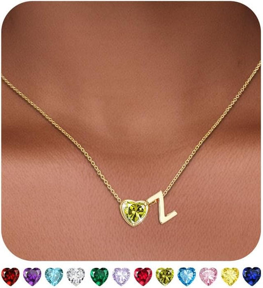 Heart Birthstone Initial Necklace for Women Girls,14K Gold Plated Heart Letter A-Z Necklace Dainty Birthday Trendy Jewelry Gifts for Women Girls Daughter