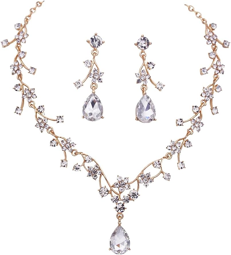 Jewelry Sets for Women Wedding Flower Necklace and Dangle Earrings Gold-Plated Rhinestones Teardrop Pendants Necklace Set for Bridal Party Accessories