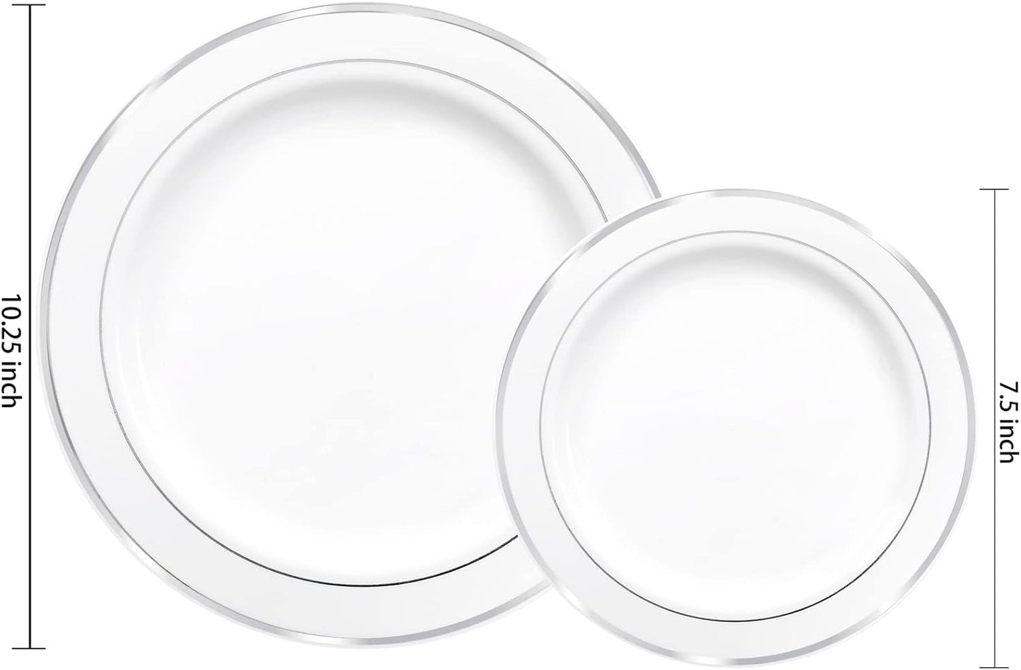 I00000 60pcs Silver Plastic Plates, Disposable Plastic Party Plates with White Silver Rim Heavy Duty Fancy Wedding Party Plates Include 30 Dinner Plates 10.25" and 30 Dessert Appetizer Plates 7.5"