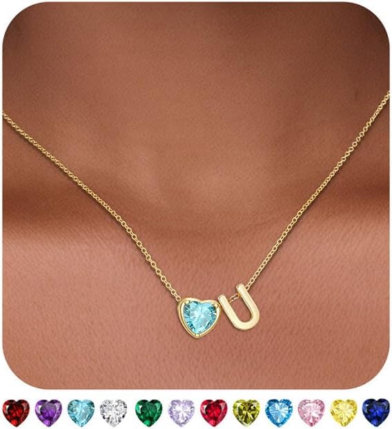 Heart Birthstone Initial Necklace for Women Girls,14K Gold Plated Heart Letter A-Z Necklace Dainty Birthday Trendy Jewelry Gifts for Women Girls Daughter