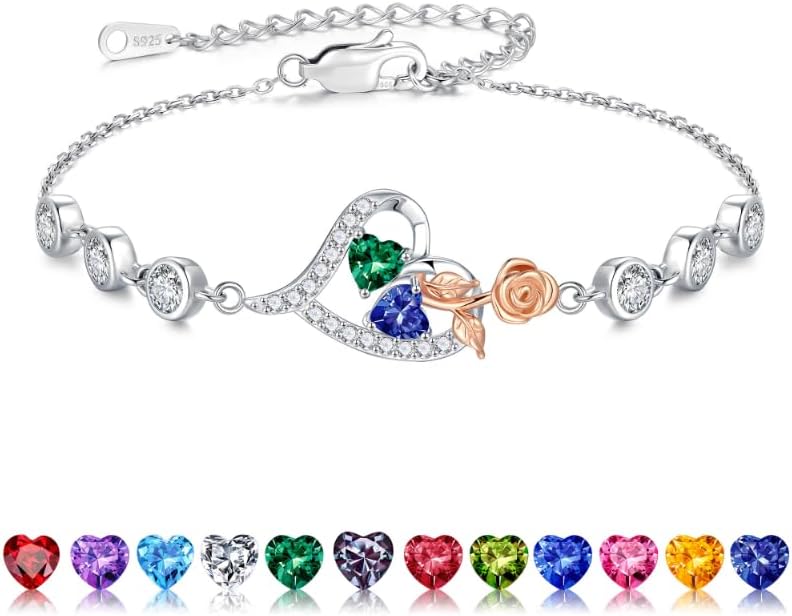Iefil Christmas Gifts for Women - Birthstone Bracelet for Women, 925 Sterling Silver Rose Heart Charm Bracelets, Anniversary Birthday Gifts for Women Wife Mom Daughter, 6"+2"
