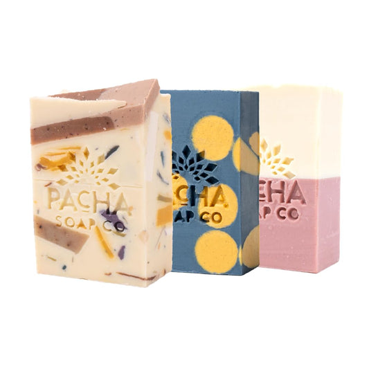 Pacha Soap Co. Bar Soap, Bright Bubbles Bundle - Jasmine Gardenia, Lavender & Blue Tansy & Pachafetti, Handmade, Hydrating, Artisan Face Wash, Hand Cleanser & Body Wash, Made in USA, 3-Pack (4 oz ea)
