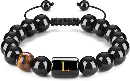 FRG Initials Bracelets for Men Letter Link Handmade Natural Black Onyx Tiger Eye Stone Beads Braided Rope Meaningful Bracelet