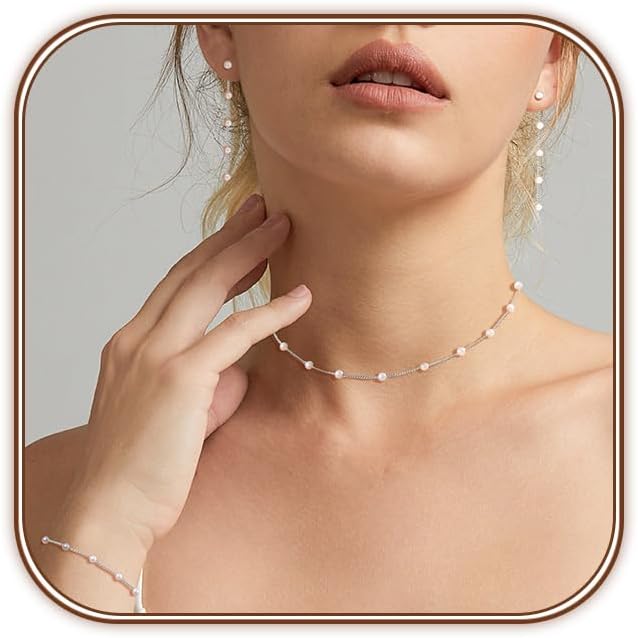Gold Jewelry Set for Women - Dainty 14K Gold Plated Pearl Necklace and Earring Set with Drop Earrings, Bracelets, Choker Necklace - Wedding Jewelry Gift