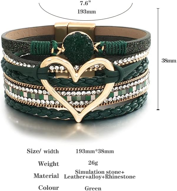Leather Wrap Bracelet for Women Beaded Cuff Bracelet with Heart-shape Decor Bohemian Crystal Bracelet Jewelry with Clasp Bangle Bracelet for Women Girls Birthday Holiday Gift