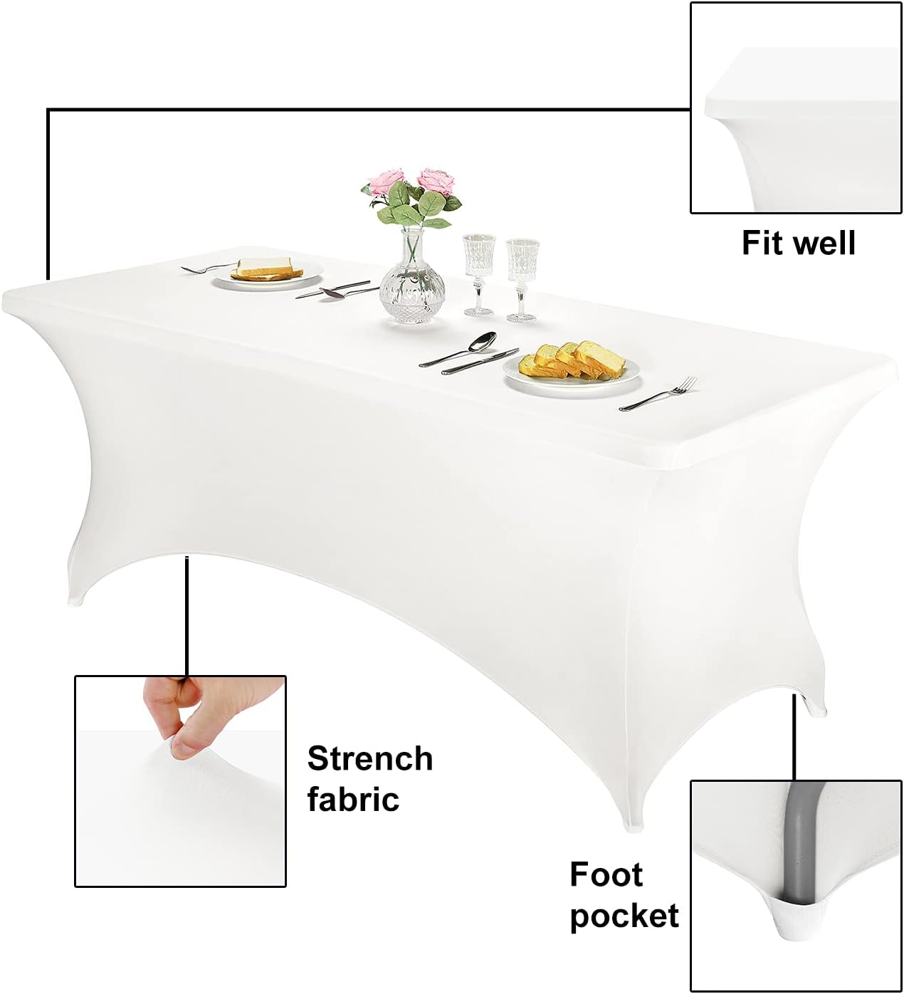 FORLIFE Spandex Table Covers，Fitted Tablecloth for Rectangular Tables, Stretch Patio Table Covers, Universal Spandex Table Cover for Wedding, Banquet, Party (6ft, White)