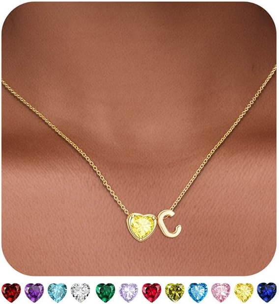 Heart Birthstone Initial Necklace for Women Girls,14K Gold Plated Heart Letter A-Z Necklace Dainty Birthday Trendy Jewelry Gifts for Women Girls Daughter