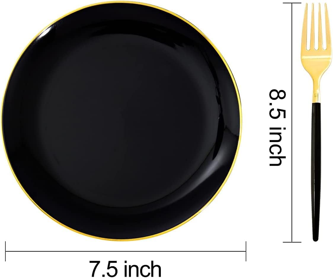 I00000 144Pcs Black and Gold Dessert Plate Set, Including 72Pcs Black and Gold Plastic Plates 7.5" and 72Pcs Disposable forks 8.5", Fancy Salad Plates with Gold Rim for Thanksgiving and Party