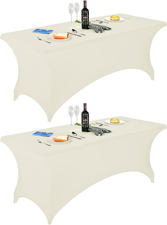 FORLIFE 2Pack Spandex Table Covers，Fitted Tablecloth for Rectangular Tables, Stretch Patio Table Covers, Universal Spandex Table Cover for Wedding, Banquet, Party (6ft, Ivory)