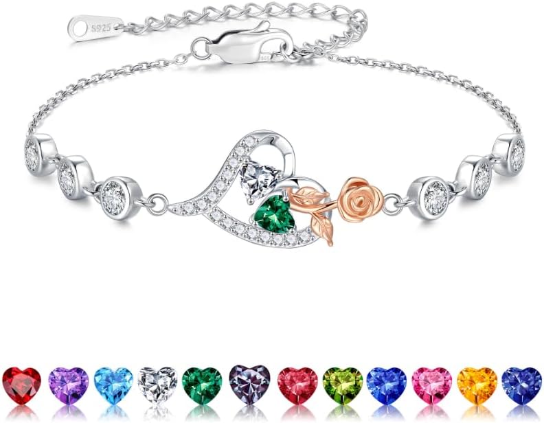 Iefil Christmas Gifts for Women - Birthstone Bracelet for Women, 925 Sterling Silver Rose Heart Charm Bracelets, Anniversary Birthday Gifts for Women Wife Mom Daughter, 6"+2"