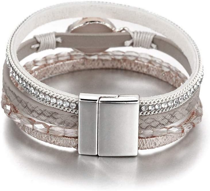 Fesciory Leopard Bracelet for Women, Boho Leather Wrap Multi-Layer Pearl Crystal Bracelet Bangle Jewelry