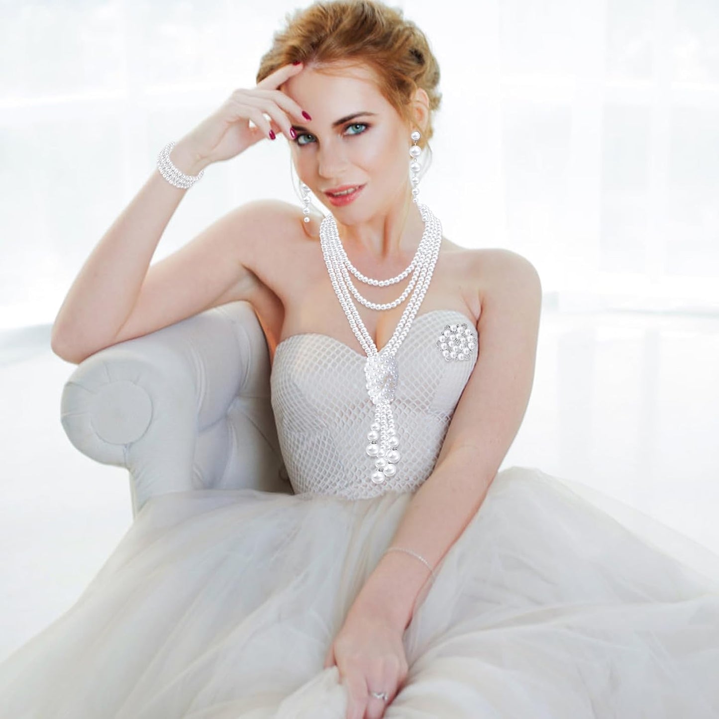 Pearl Jewelry Set for Women Faux Pearl Costume Jewelry Set with Necklace, Bracelets, Ring, Earrings for Wedding Bridal Birthday Tea Party