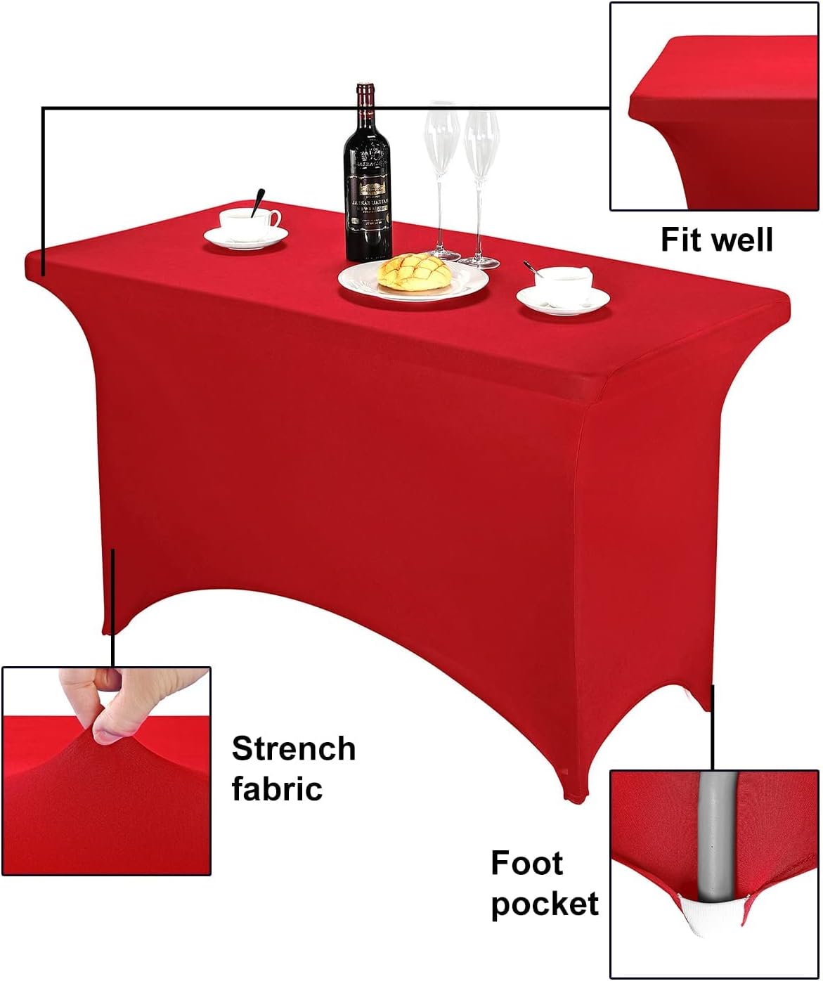 FORLIFE 4Pack Spandex Table Covers，Fitted Tablecloth for Rectangular Tables, Stretch Patio Table Covers, Universal Spandex Table Cover for Wedding, Banquet, Party (4ft, Red)