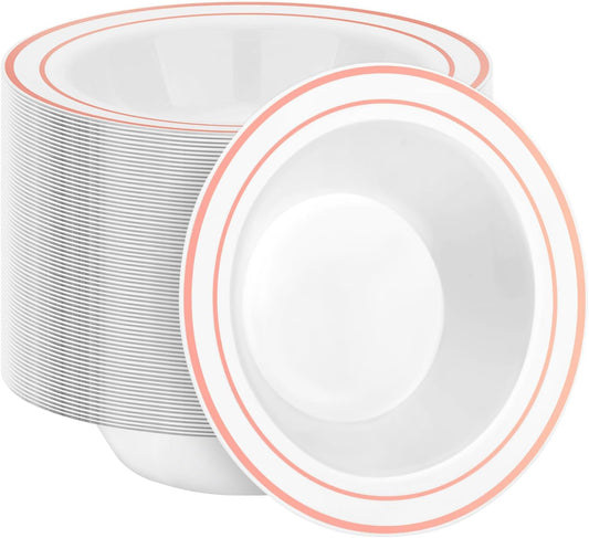 100 Pack Disposable Soup Bowls with Rose Gold Rim, 12oz Premium Heavy Duty Plastic Dinner Bowls for Party, Wedding and Holiday
