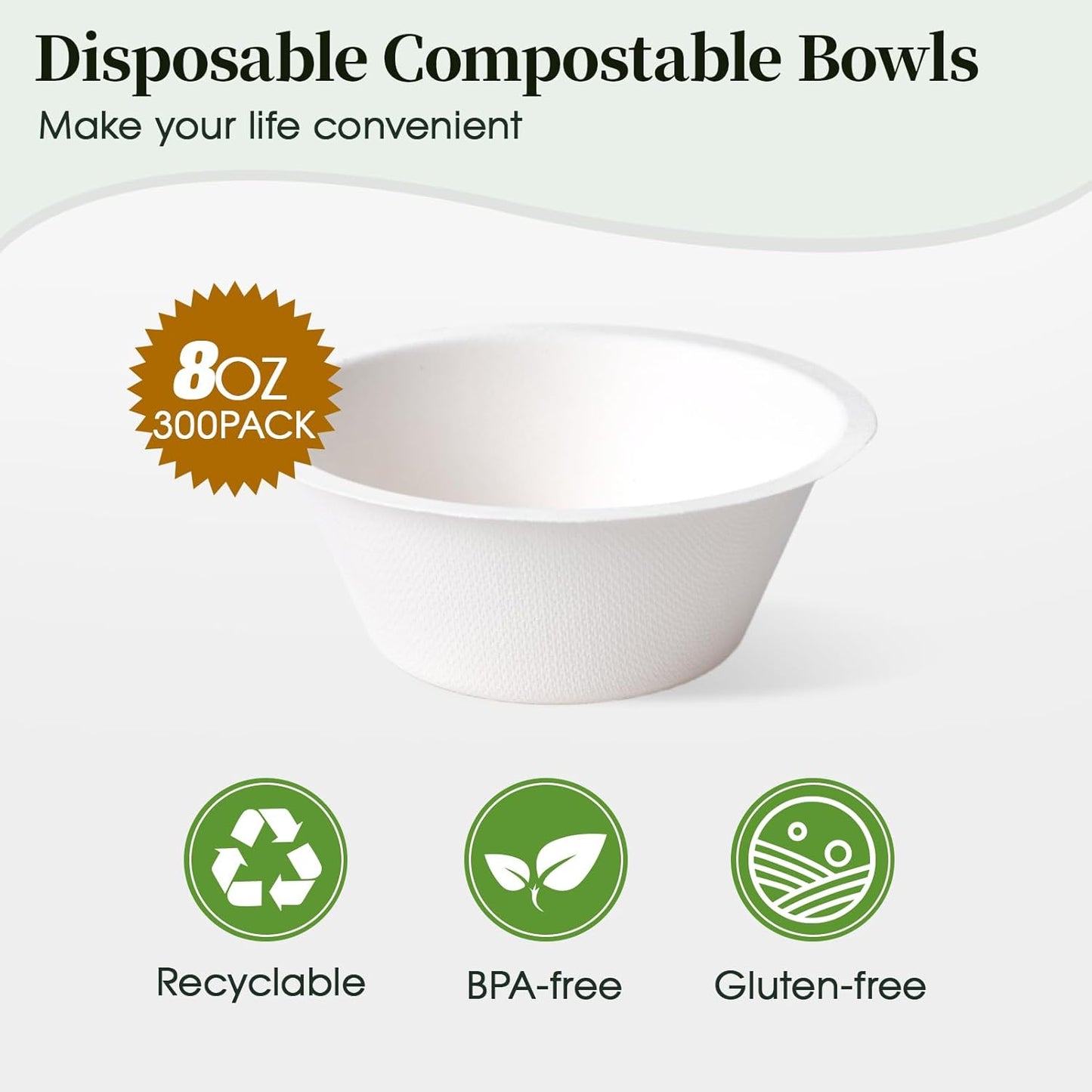 ECOLipak 300 Pack Compostable Paper Bowls, 8 oz Heavy-Duty Disposable Biodegradable Soup Bowls Made of Natural Bagasse, Suitable for Salad, Dessert, Milk, Cereals