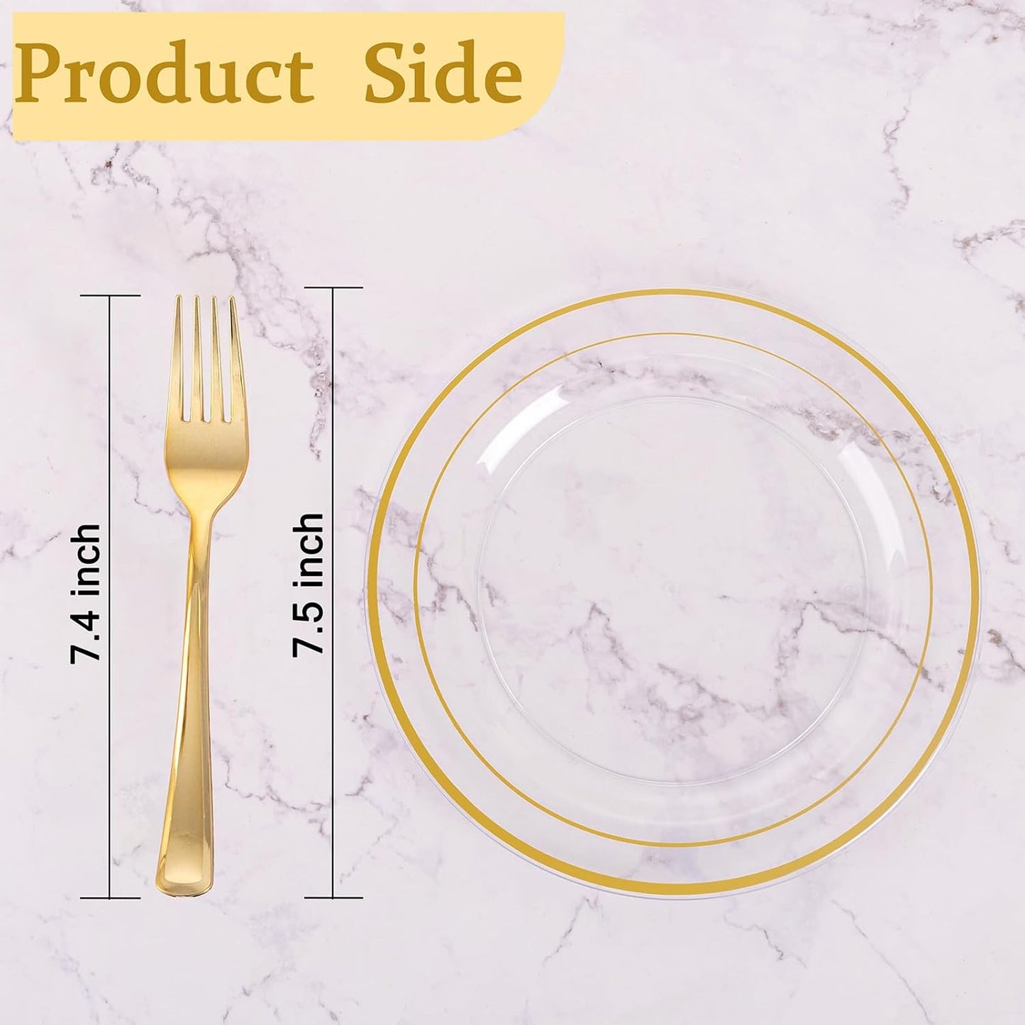 I00000 72 Pcs Clear Plastic Dessert Plates 7.5" & 72 Pcs Gold Disposable Forks 7.4", Clear Small Plates, Fancy Salad Plate,Gold Cake Plate for Thanksgiving,Christmas。Party, Occasions, Wedding