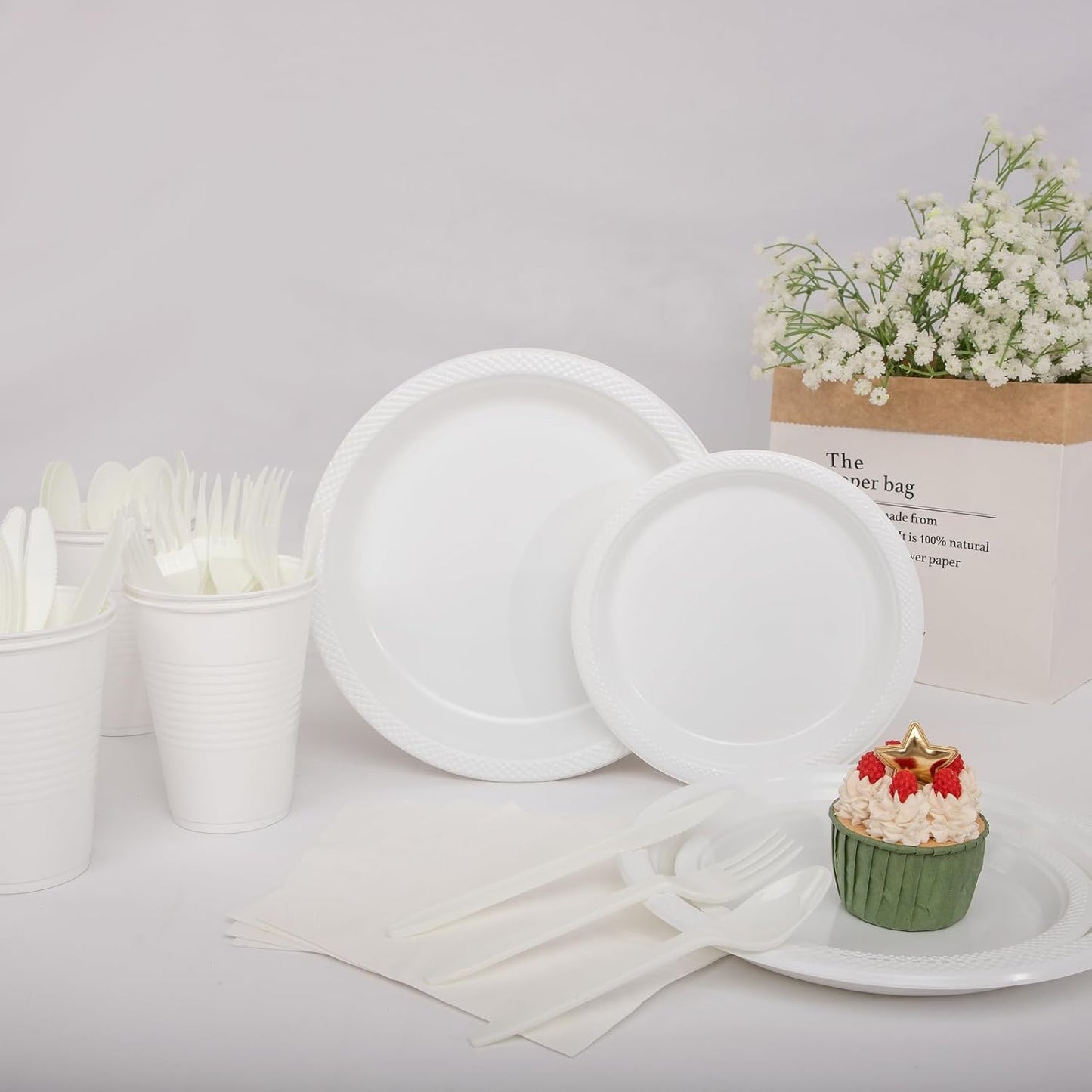 WELLIFE 210 Pieces White Party Supplies, White Plastic Dinnerware Set, Including Plates, 12OZ Cups, Plastic Cutlery and Paper Napkins Serve 30 Guests for Party