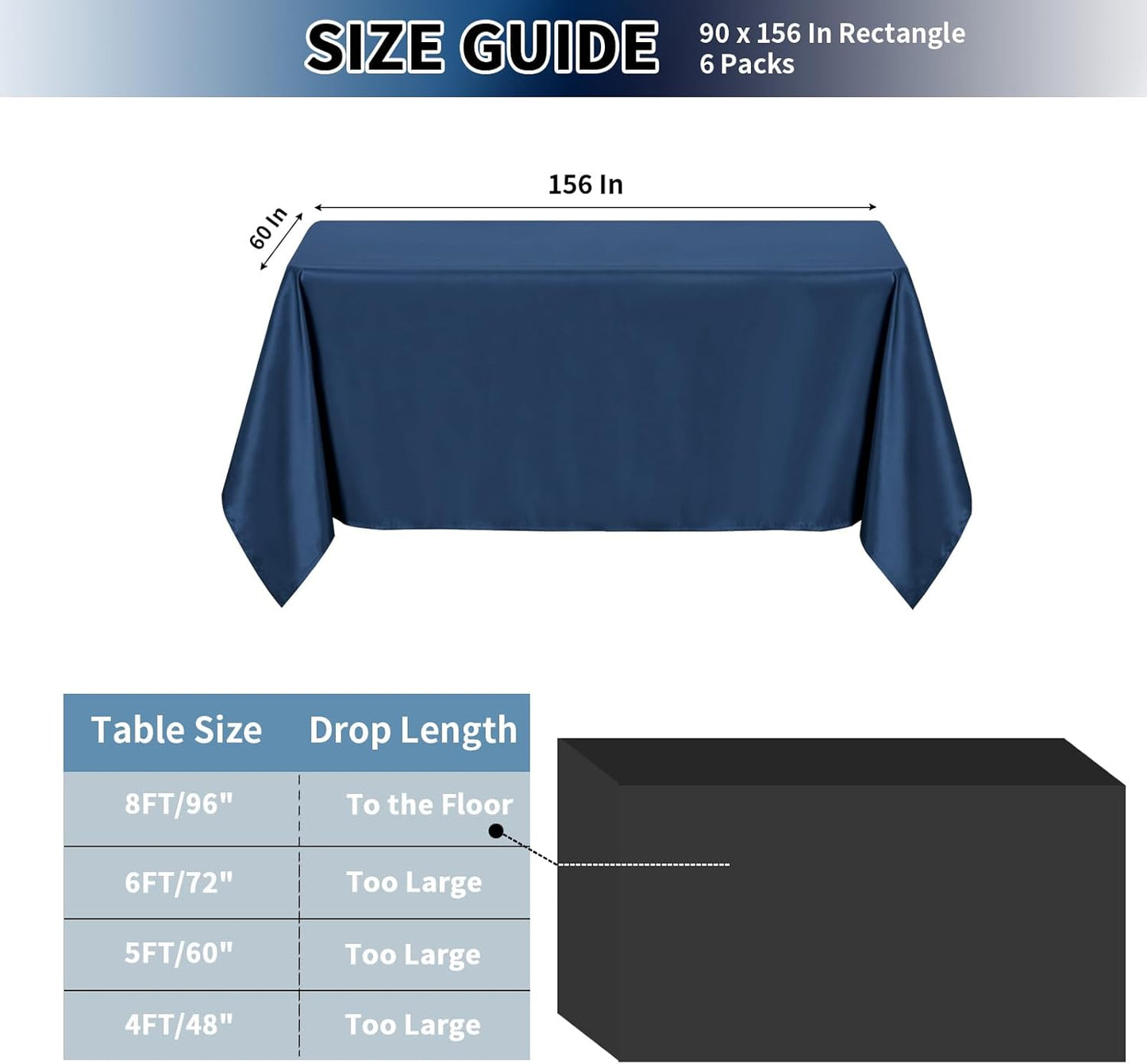 PureFit 6 Pack Rectangle Navy Blue Table Cloths 90 x 156 Inch for 8Ft Tables, Stain and Wrinkle Resistant Table Linens for Home Use, Wedding, Party, Banquet and Camping