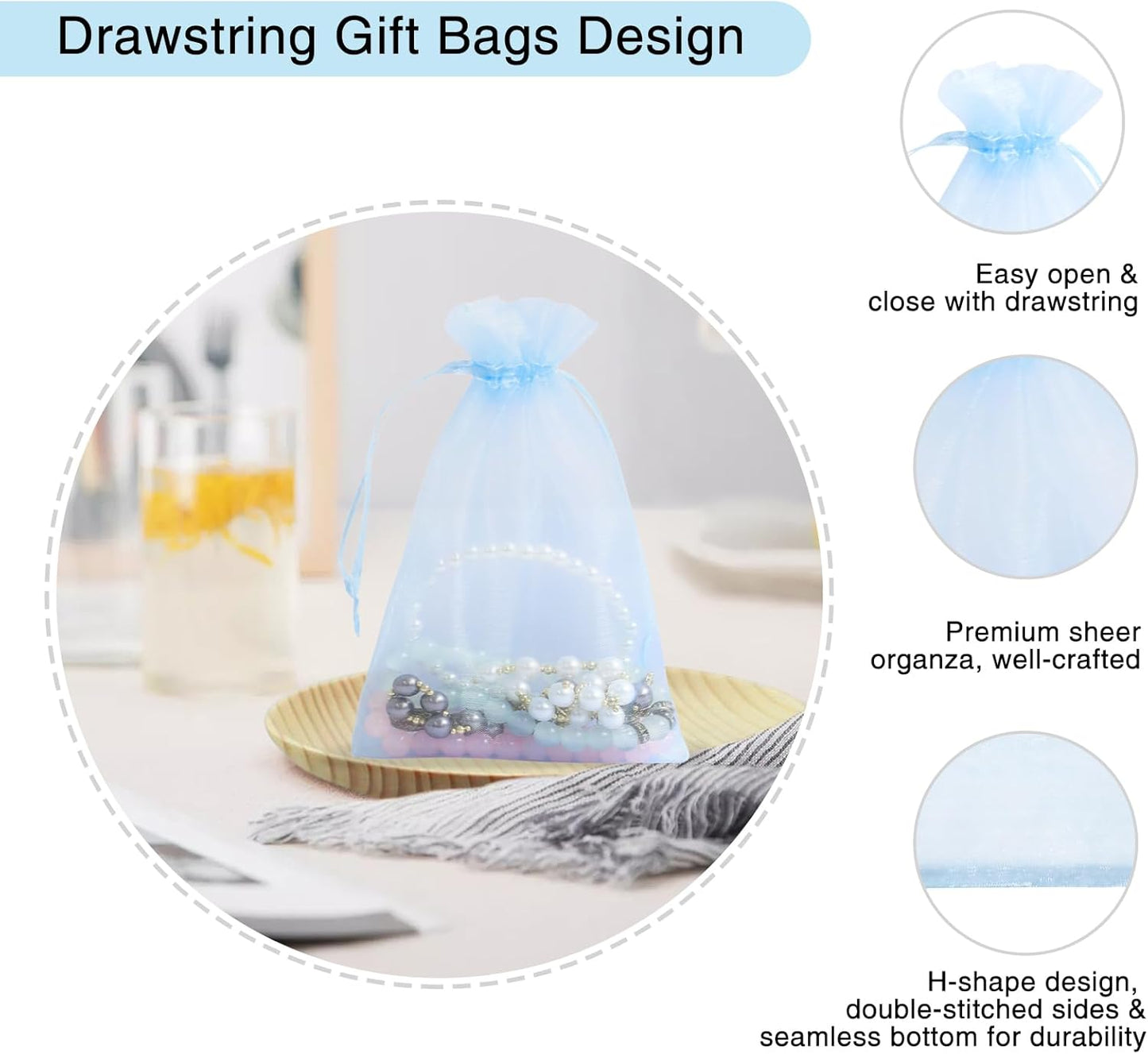 Wudygirl 4x6 Organza Bags with Drawstring 100pcs Party Favor Pack for Baby Showers Weddings Candy Jewelry Gifts (Light Blue)