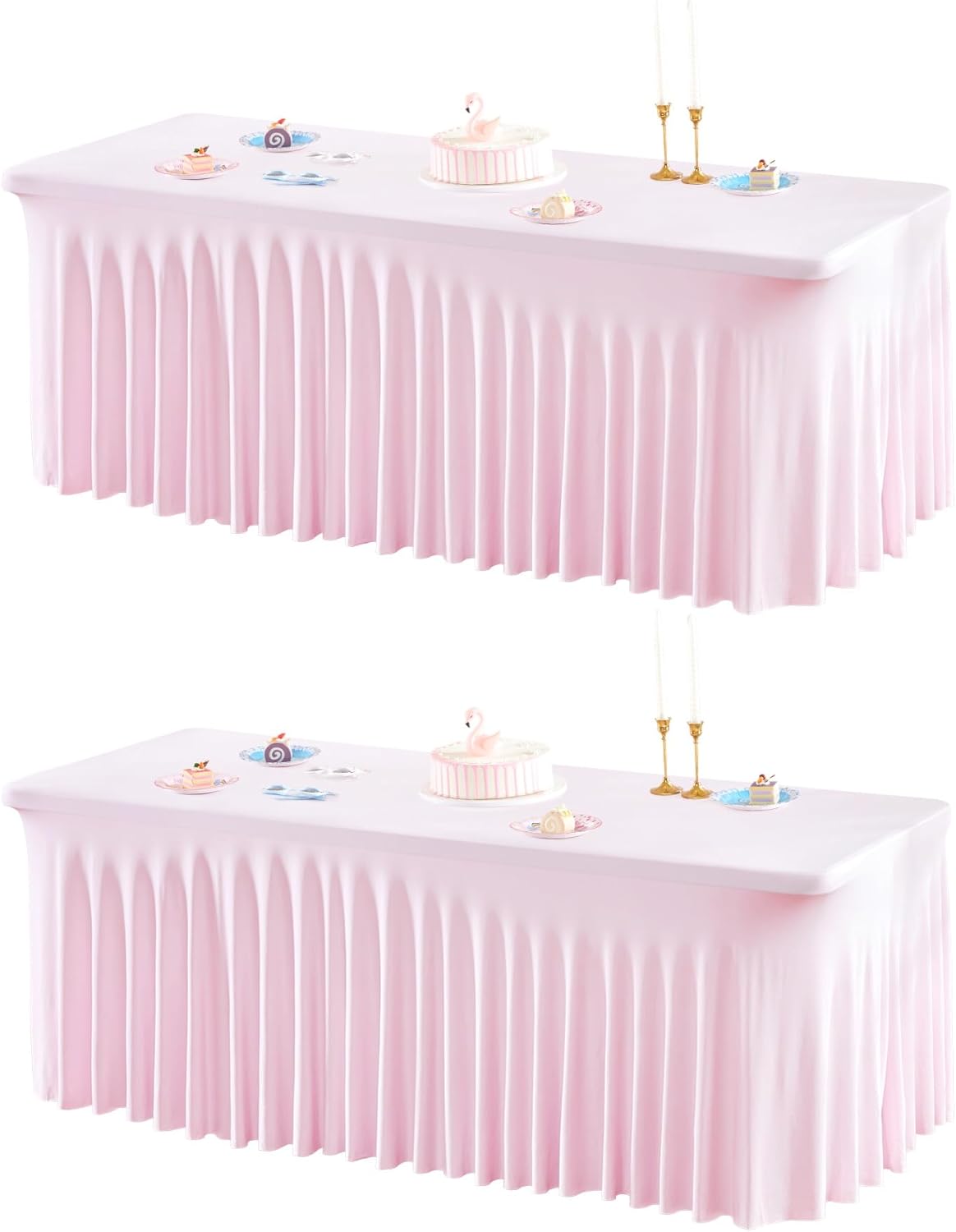 2 Packs Pink Table Clothes for 6 Foot Rectangle Tables, One-Piece Wrinkle Resistant Stretch Spandex Table Covers with Skirt for Event Banquet Wedding Birthday Party