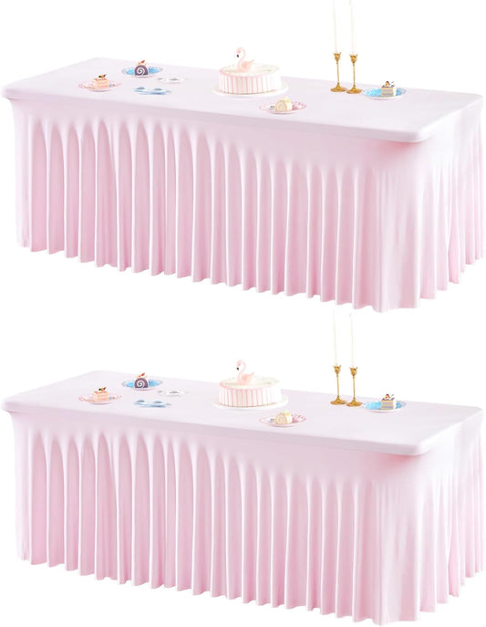 2 Packs Pink Table Clothes for 6 Foot Rectangle Tables, One-Piece Wrinkle Resistant Stretch Spandex Table Covers with Skirt for Event Banquet Wedding Birthday Party