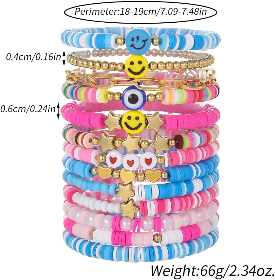 Heishi Surfer Clay Bead Bracelets Set for Women - Preppy Smile Evil Eye Beaded Stretch Bracelets Elastic Layering Friendship Bracelets- Stackable Boho Disc Summer Jewelry Set