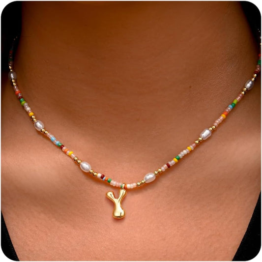 Ritach Initial Necklaces for Women Girls - Christmas Gifts for Grandkids Light Colorful Beaded Pearl Initial Necklace Gold/Silver Bubble Pendant Letter Necklace Stocking Stuffers for Teen Girls Women