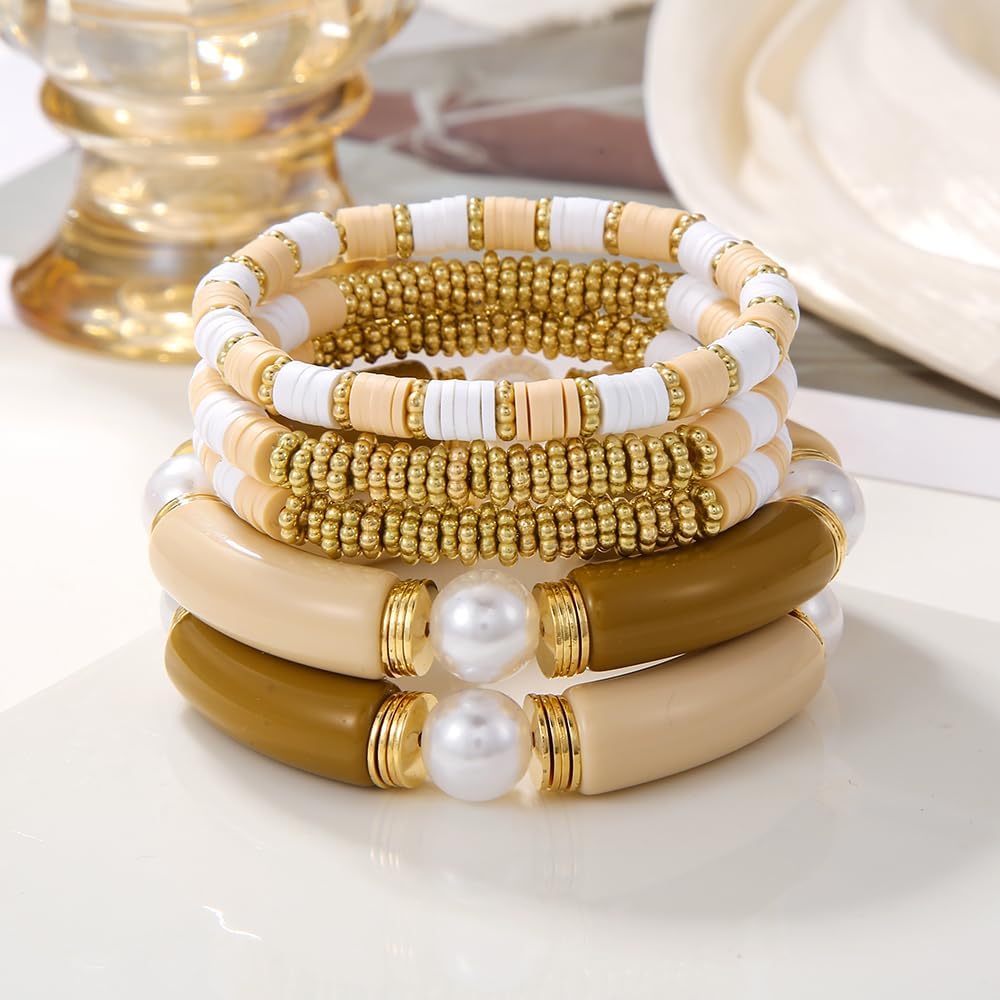 Friendship Bracelets for Women - Heishi Surfer Colorful Smile Evil Eye Clay Beaded Stretch Bracelets Elastic Layering - Stackable Boho Disc Y2K Aesthetic Summer Jewelry Set.