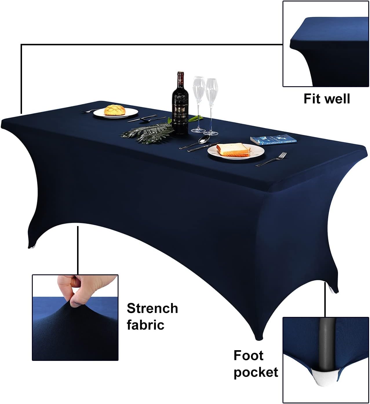 FORLIFE 2Pack Spandex Table Covers，Fitted Tablecloth for Rectangular Tables, Stretch Patio Table Covers, Universal Spandex Table Cover for Wedding, Banquet, Party (8ft, Navy)