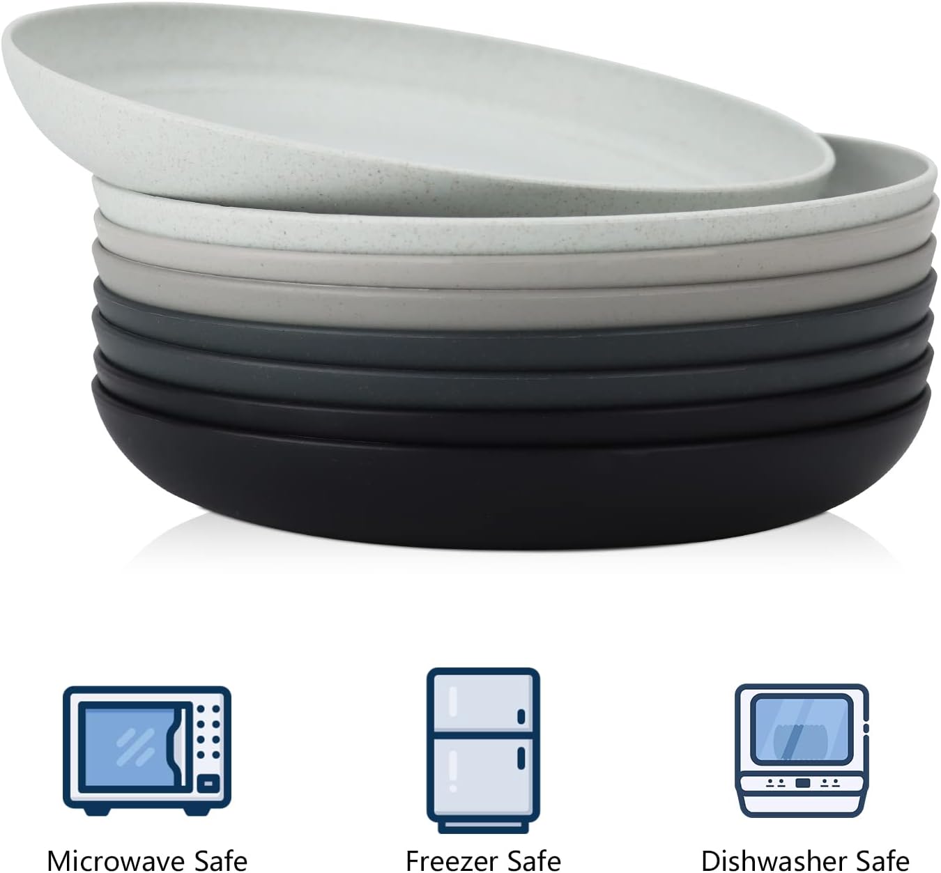 Homienly Deep Dinner Set of 8 - Alternative for Plastic, Microwave and Dishwasher Safe Wheat Straw Plates for Kitchen, Unbreakable Kids With 4 Colors (Stone Grey, 9 Inch)