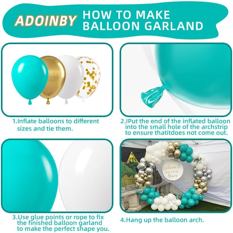 Teal Balloon Arch Kit, ADOINBY 140Pcs Turquoise Teal White Metallic Gold Confetti Latex Balloons 18 12 10 5 Inch Different Size Balloons for Birthday Anniversary Baby Shower Wedding Party Decorations