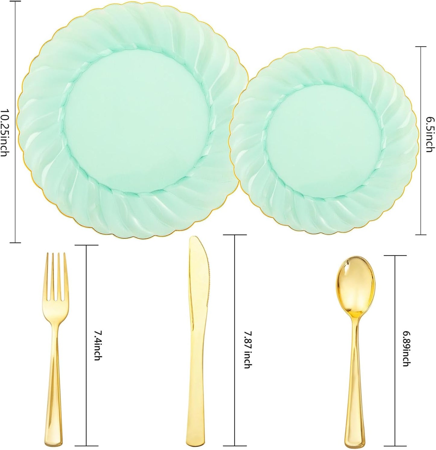 YOUBET 125PCS Clear Green Plastic Plates with Gold Rim - Green and Gold Plastic Plates Include 25 Dinner Plate 25 Dessert Plate 75 Disposable Silverwares for Wedding & Party & Christmas