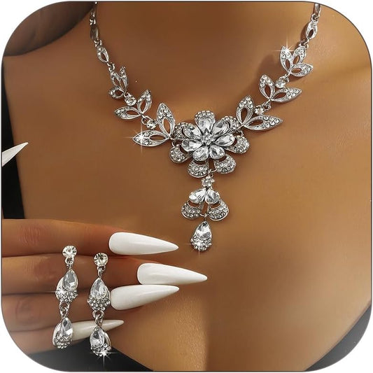Wedding Jewelry Sets for Brides Rhinestone Necklace and Earring Set Bracelet Ring Gold Silver Prom Jewelry Sets Diamond Flower Teardrop Necklace for Women