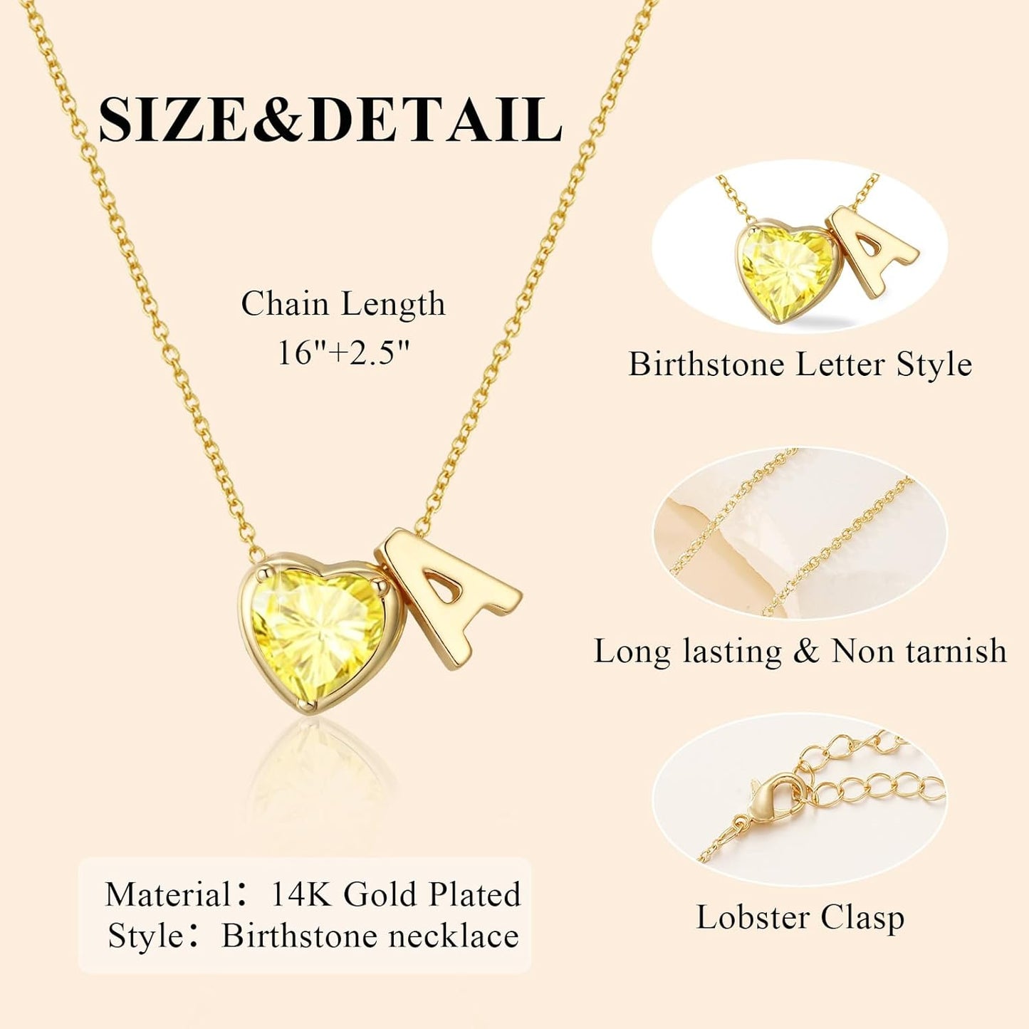 Heart Birthstone Initial Necklace for Women Girls,14K Gold Plated Heart Letter A-Z Necklace Dainty Birthday Trendy Jewelry Gifts for Women Girls Daughter
